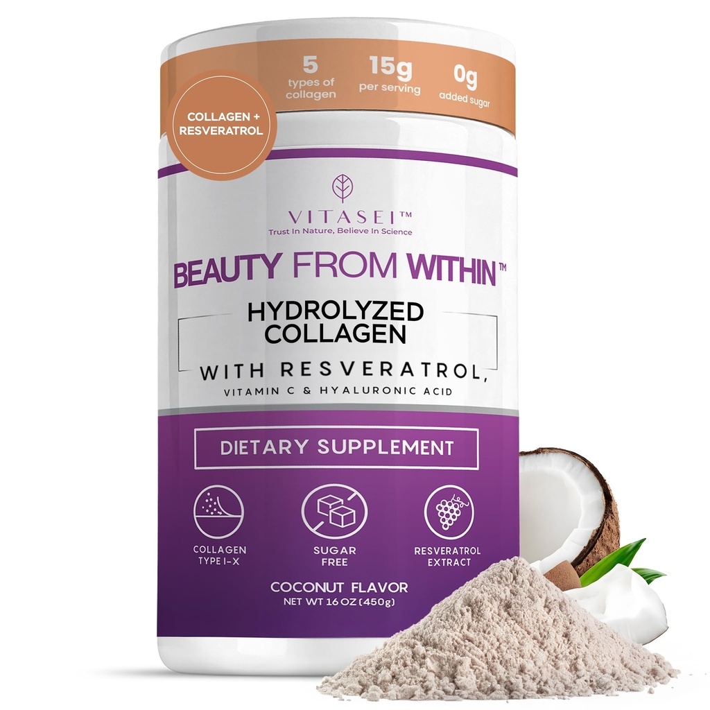 VITASEI Hidrolizirani kolagen peptidi v prahu z vitaminom C in resveratrol - Lasje, koža in nohti Vitamini za ženske in moške - kosti in skupni dodatek - Coconut arome - 16 oz