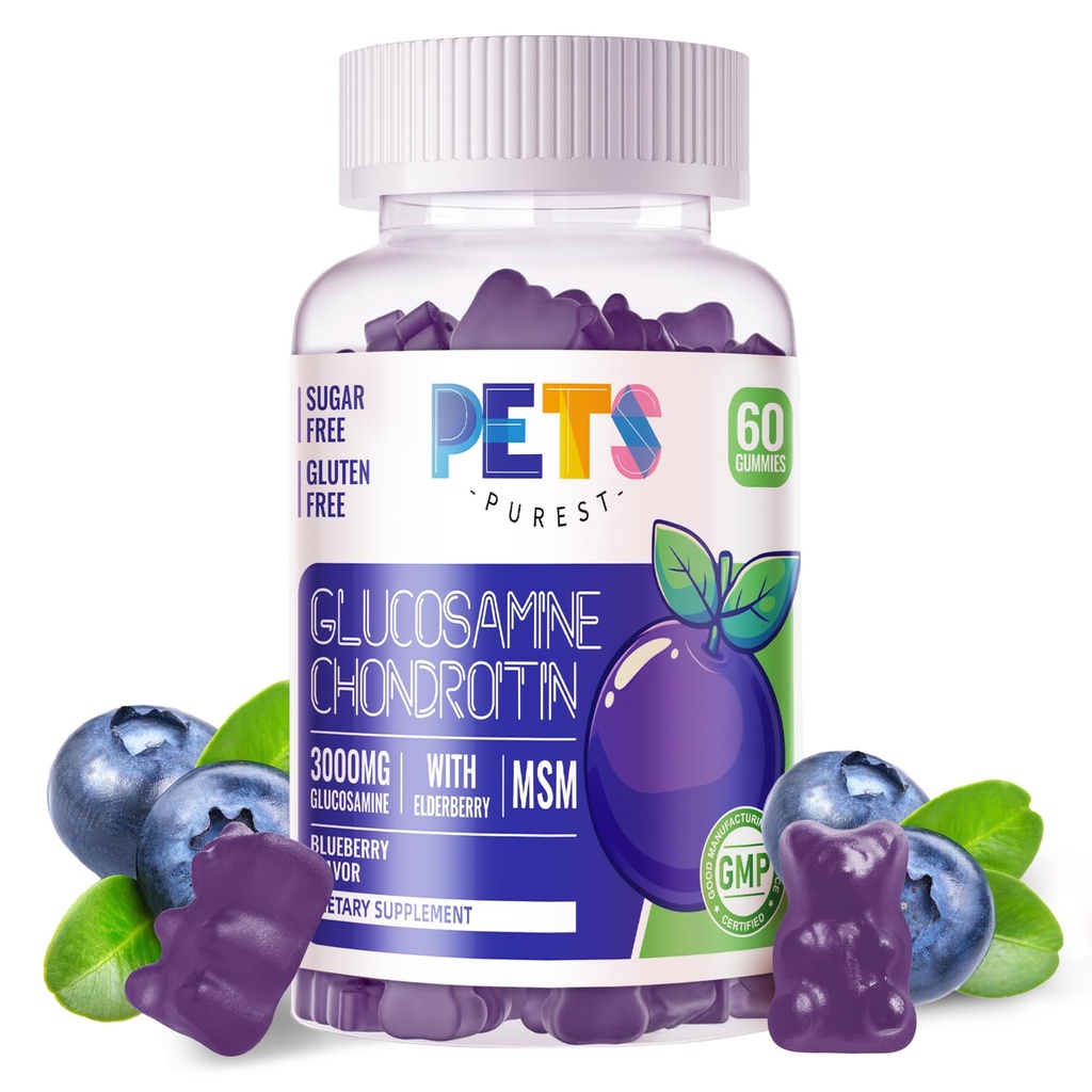 Hišni ljubljenčki Purest Glukozamin Chondroitin Gumies z MSM & Elderberry Extra Jakost - skupna podpora, Antioksidant Imunska podpora dodatek za odrasle, moške in ženske.60 Borovnice Gumies