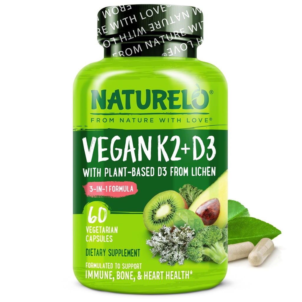 Naturelo Vitamin D3 K2 - Vegan z rastlinskim D3 iz Lichen - Naravni dodatek za imunski sistem, podporo kosti, zdravje srca - celotna hrana - ne-GMO - Gluten brez, 60 kapsul