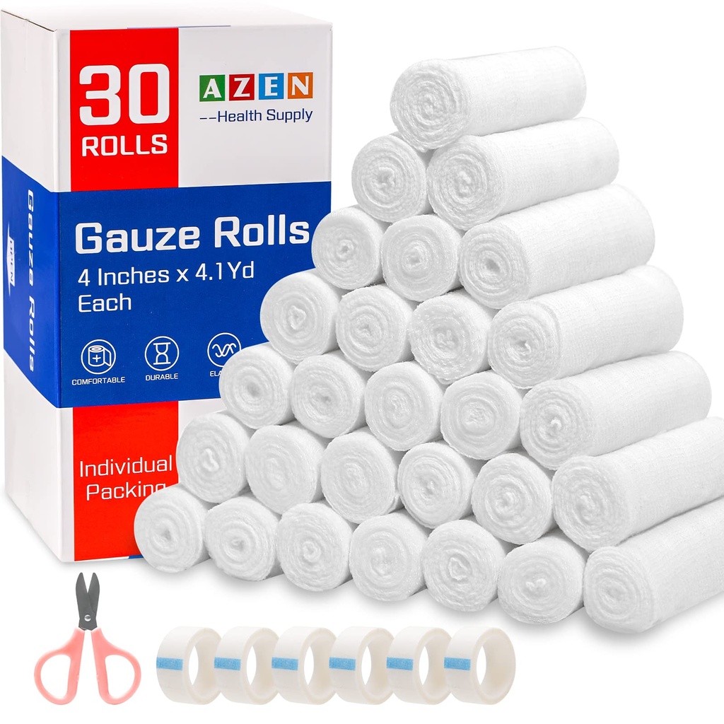 AZEN 30 Pack Gaze Rolls Bandages, 4 v x 4.1 Yards, Premium medicinske potrebščine in prvo pomoč dobav, ovitek vetnam, mami zaviti