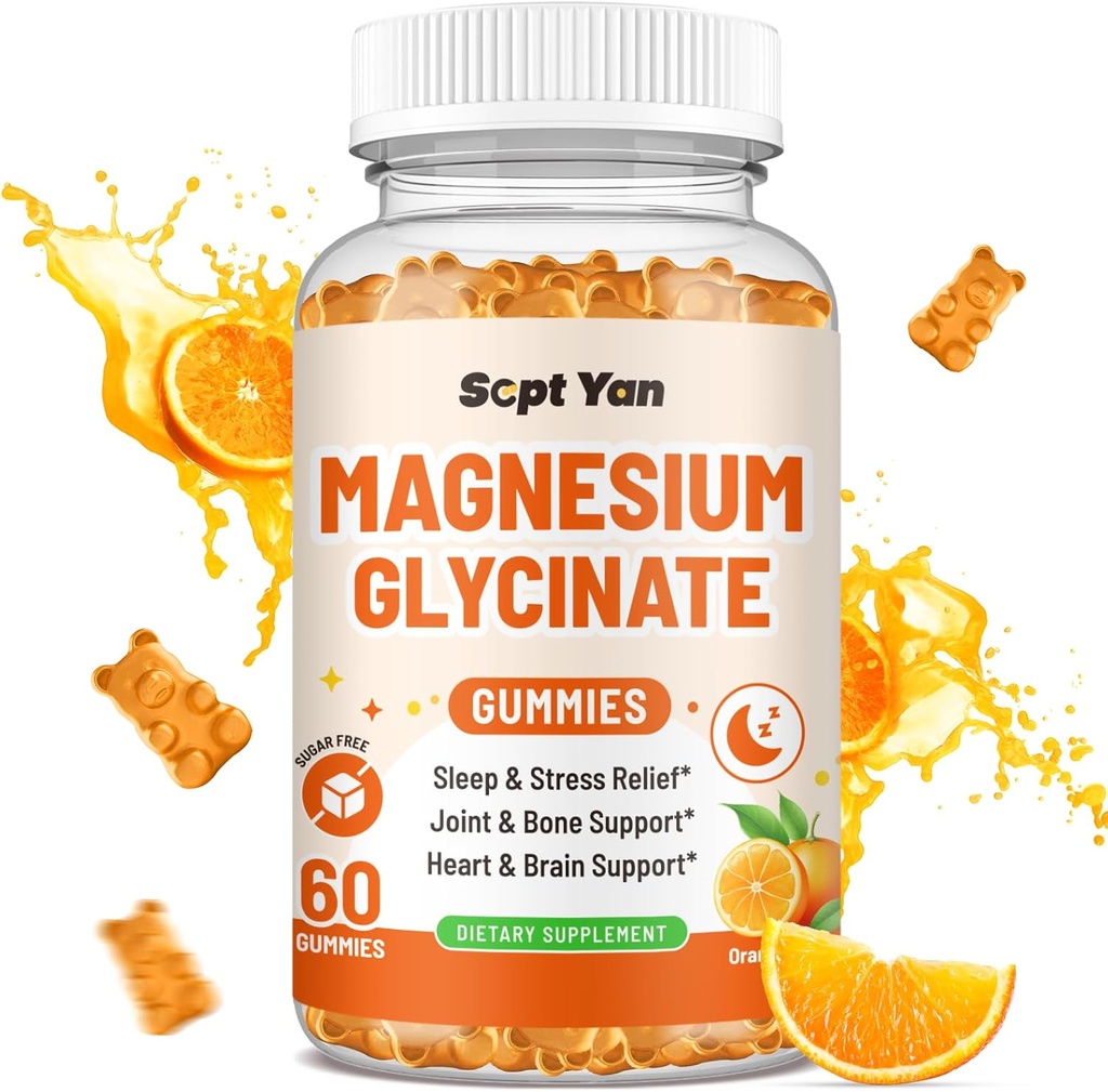 Magnezijeve žvečilke za odrasle - Magnezij Glicinat dodatek z vitaminom B6, L-teanin, vitamin D, CoQ10 - Magnezij Comlex Gumies za Mood, kosti in mišice, sladkor brez pomaranče aroma 60 ct
