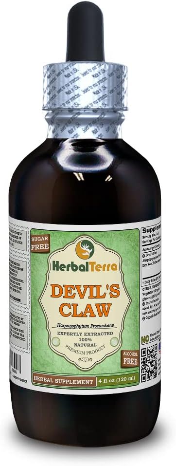 Devil's Claw (Harpagophytum Procumbens) Glicerit, organsko posušen korenski tekoči ekstrakt brez alkohola (Brand Name: HerbalTerra, Proudly Made in USA) 4 fl.oz (120 ml)