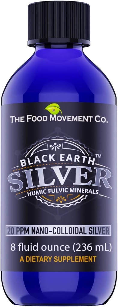 Prehransko gibanje Črna zemlja Srebro s humičnimi fulvičnimi kislinami, Trace minerali za imuno podporo, Detox, Gut Health – 8 fl oz tekoče kapljice dodatek