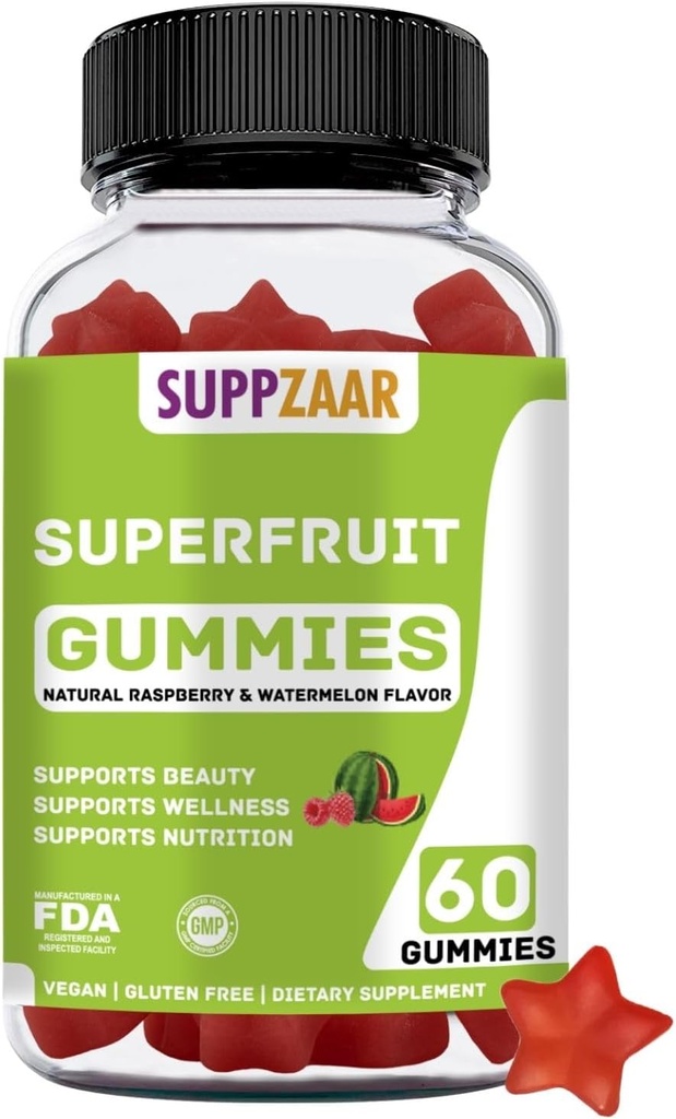 Veganski super sadni vitamini. Superfood Gumies w/vitamin A C E Organic Silica. Supersadje za kolagen formacijo, Beauty & Glow. Na bazi rastlin, brez glutena, brez želatine. 60 CT
