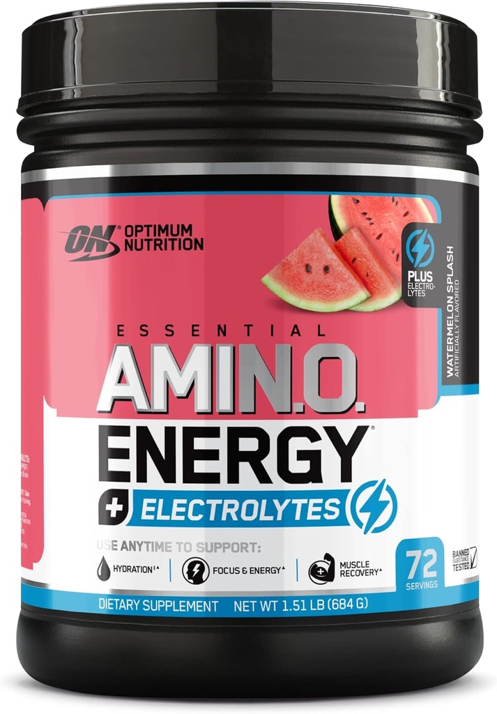 Optimum Nutrition Essential AMIN.O Energija & Elektroliti - Energija, Fokus & Po-workout Muscle Recovery - Watermelon Pred-Woekout Elektrolit Powder Drink - Watermelon Splash, 1,51 lb (72 Servings)