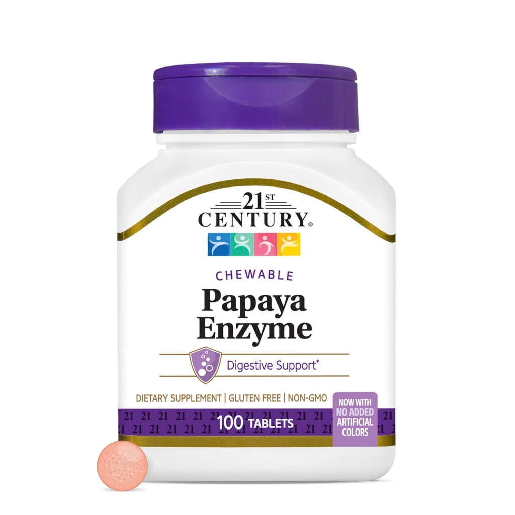 Žvečljiva Papaya Enzyme 21. stoletja (100 jih je), papaja in ananasove prebavne encime za zdravje drobovja, tropski okus, ne-GMO, gluten-free, brez dodane soli, umetne arome