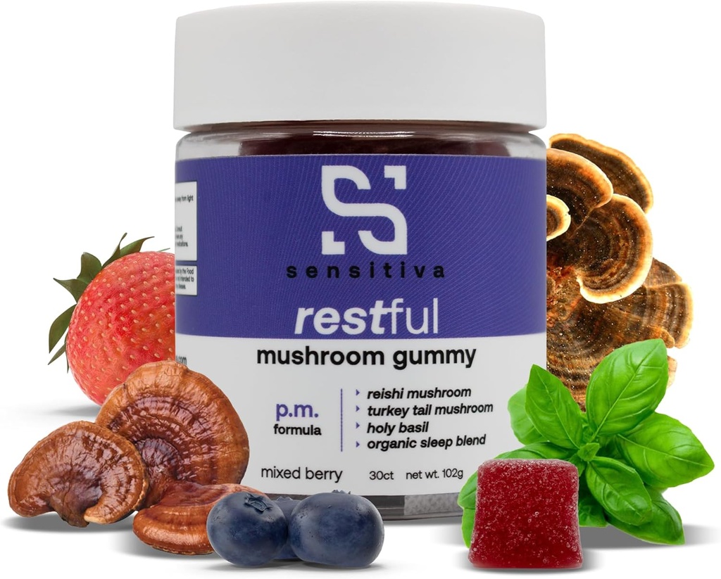 Sensitiva Restne gobe Gumies P.M. Formula - Reishi & Turkey Tail Gobe Dodatek Gumies, Gobe Gumies za spanje, Sprostitev in stres Relief (Mešana Berry P.M. Formula)