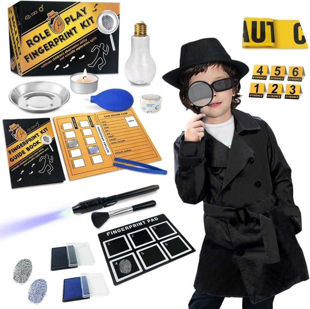 Vohunski komplet za otroke Detektiv Outfit Prstni odtis Igrače Darila za 5 6 7 8 9 10 11 Leto Stari fantje Dekleta Preiskava Vloga Igra obleko gor kostum Izobraževalna znanost Tajni agent Prstni odtis Identifikacija