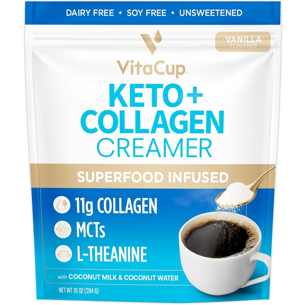 VitaCup Keto + Kolagen Coffee Creamer Vanilla Flavor z MCT, Collagen Protein, Coconut Voda, L-Theanin za Keto Diet, Uporaba v kavi, Smoothies, & Shakes, Dairy-free, Gluten-free, Soy-free, 10oz