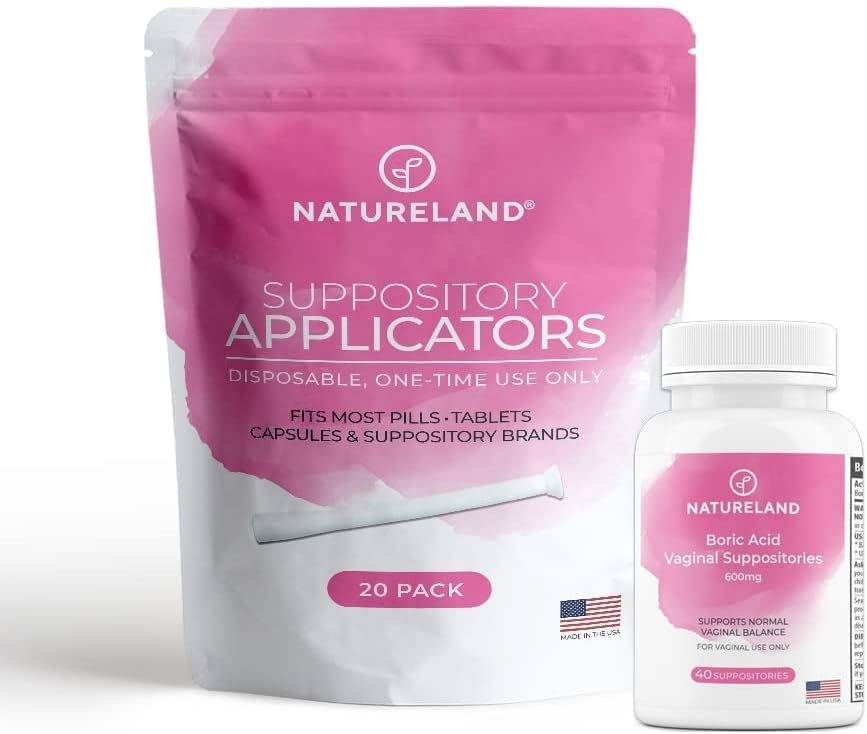 Natureland [40 Count Boric Acid Suppositorys 600mg w/ [20 Pack] Vaginalni aplikator - Feminine Care