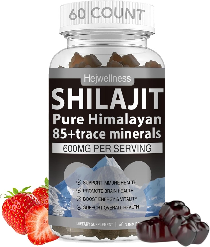 Shilajit Gummies - 600 mg Naravni organski Shilajit Resin z 85+ Trace minerali, Fulvic Acid & Phytonutrients - Jagodna aroma - za energijo, Imunska podpora - 60 Gummies, 1 mesec dobave