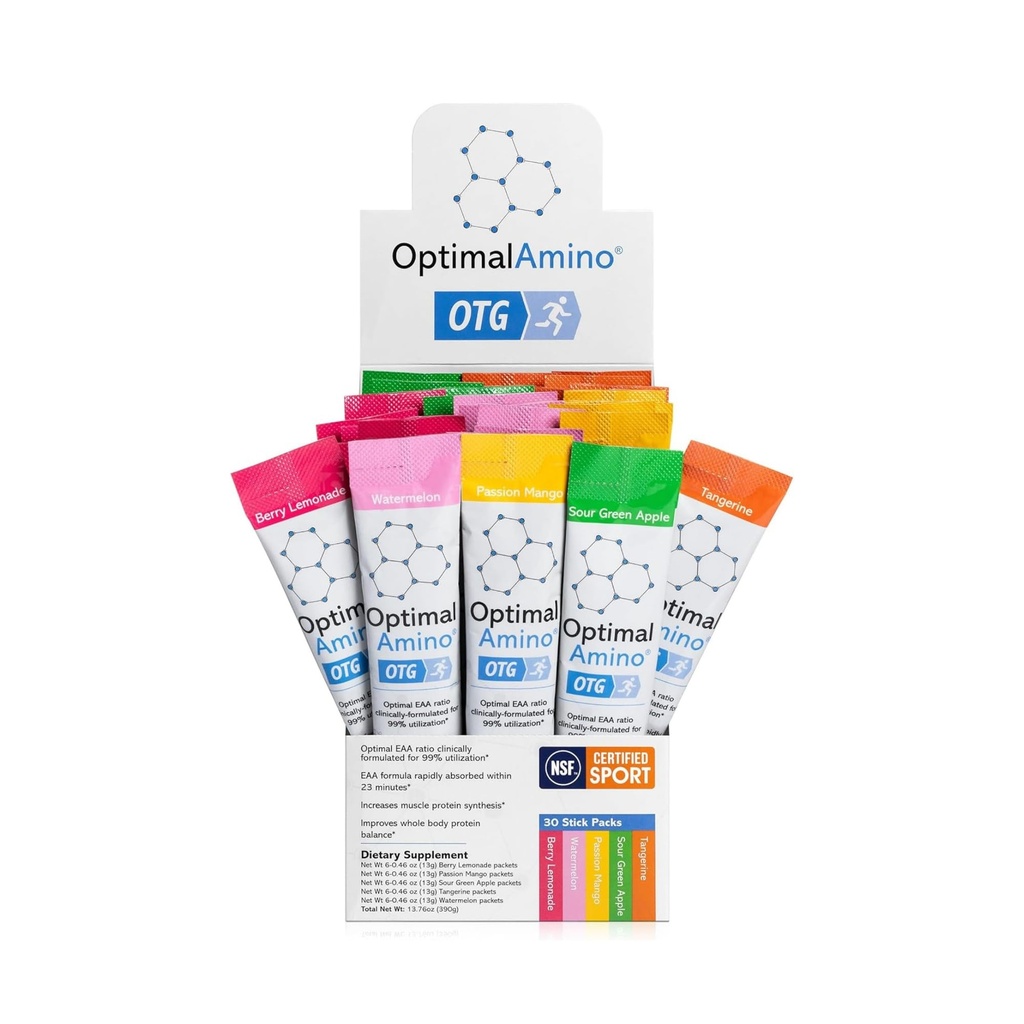 OptimalAmino OTG Packs, 5 Flavor Variety Box (30 Count), 99% Utilizirane Essential Amino Acid (EAA) dodatek, povečanje mišične regeneracije, Vegan/Keto Pre/Post Workout, NSF Certified for Sport