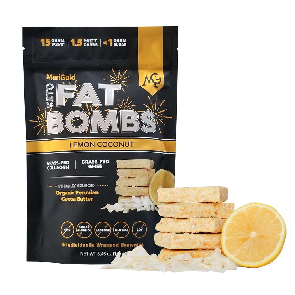 MariGold Keto Fat Bombe - Lemon Coconut - Nizko karb, kolagen Rich, travnato hranjen Ghee, organsko kakavovo maslo, Gluten-free, Non-GMO (1 vrečka, 5 serving)