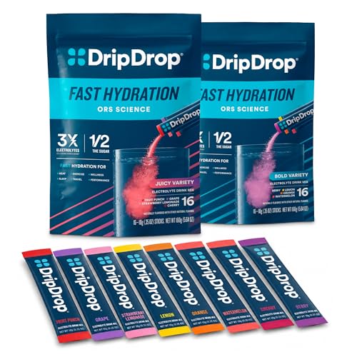 Hidracija DripDrop - Electrolyte Powder Packets - lubenica, Berry, Lemon, Orange, Sadni Punch, Grozdje, Jagodna limonada, Cherry - 32 Count