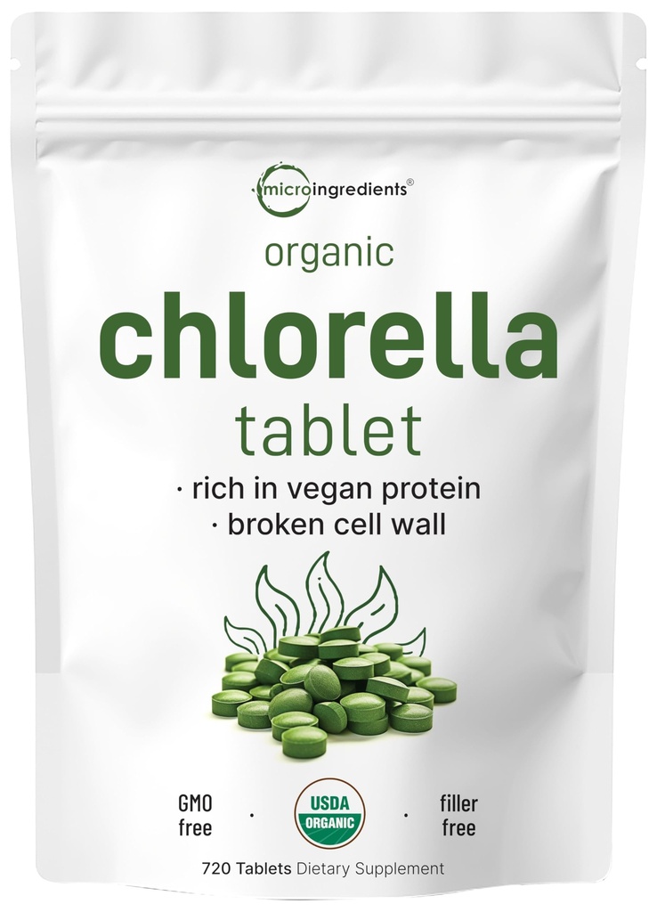 Tablete organskega klorida, 500 mg na tableto, 720 tablet (360 gramov), 4 mesece zaloge, zdrobljena celična stena, bogata z veganskimi beljakovinami in vitamini, brez polnila, brez dodatkov in ne- GMO 