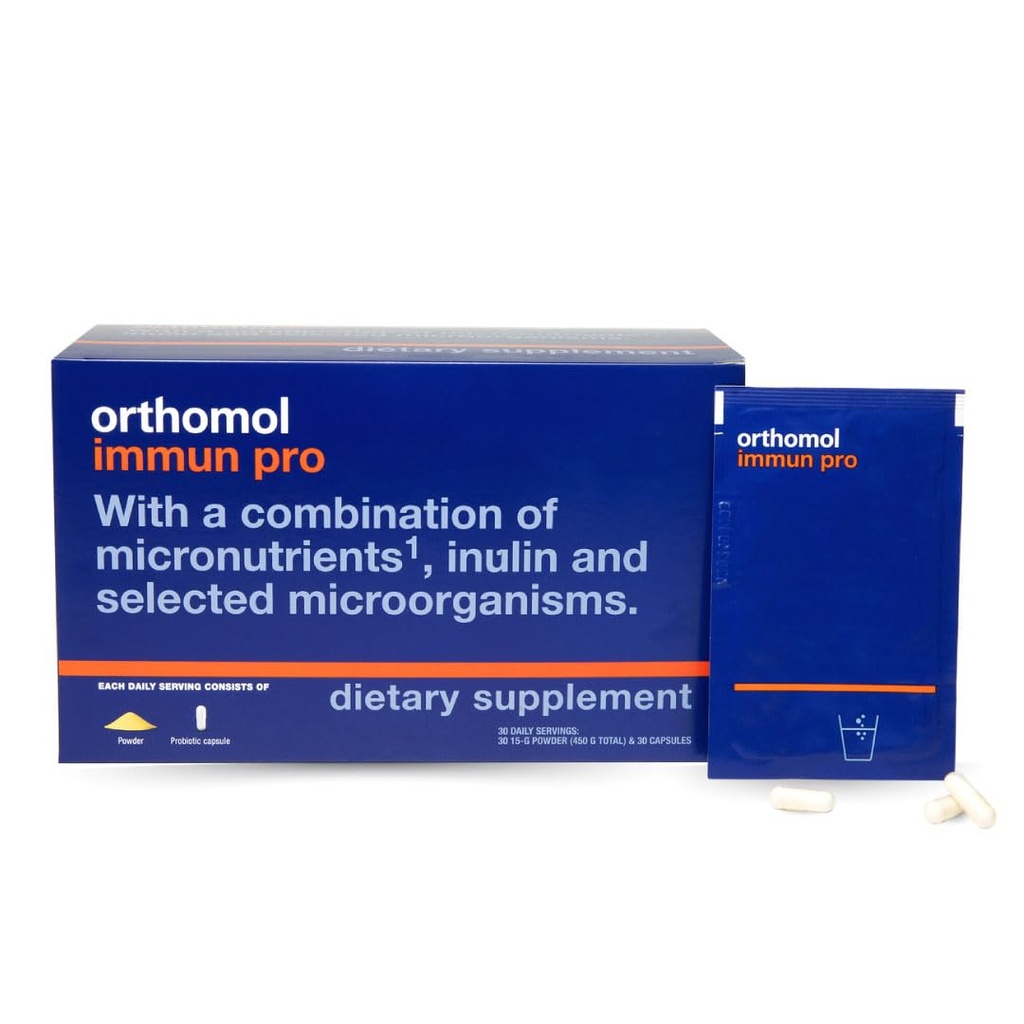 Orthomol Immun Pro, Imunska podpora, Probiotic Gut Health Supplement, Inulin Prebiotic Fiber, 30-dnevna zaloga, vitamin A, B, C, D, E, cink, jod, probiotiki za ženske in moške, dnevni prašek in kapsula