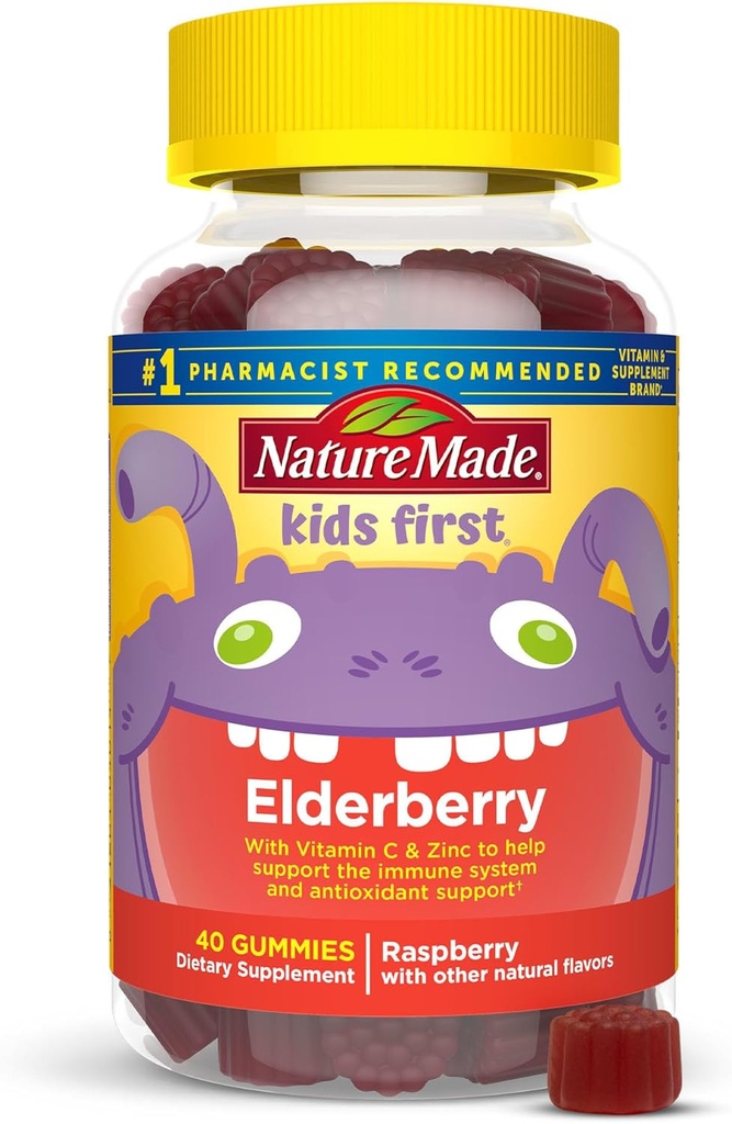 Narava Made Otroci Prvi Elderberry z vitaminom C in cinkom, Prehranska dopolnila za imuno podporo, 40 Starejše jagode Gumies