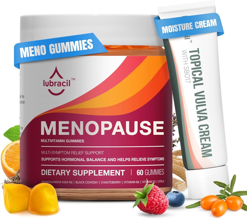 Lubracil Menopause Gumies & Topical Vulva Cream Bundele – Hormone-free Podpora za vroče Flashes, Vaginalna suhost, Srbečica, Mood Swings & Night Sweats s črno Cohosh, Ashwagandha, Omega-7 & Vitamin E