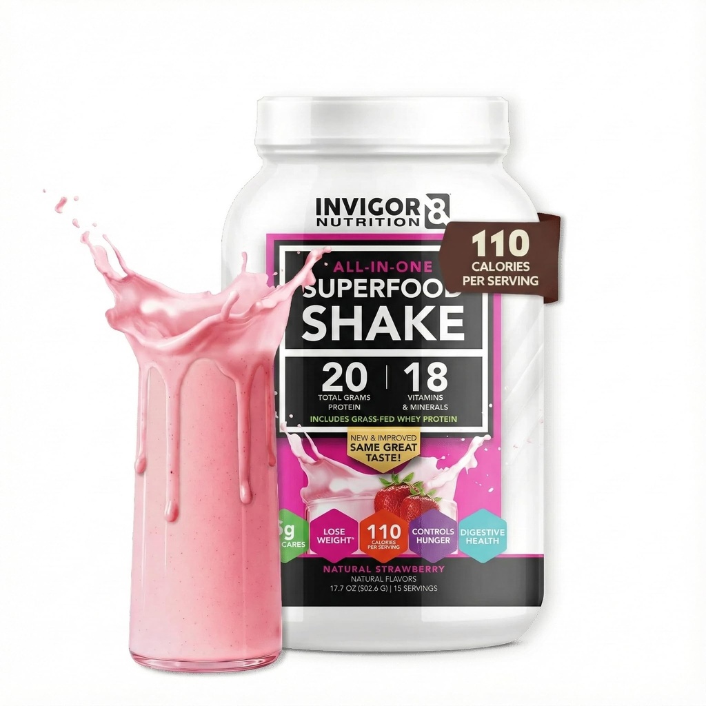 INVIGOR8 Superhranska trava Fed Whey Protein Isolate Shake Natural Strawberry Gluten-free in Non GSO Meal zamenjava s probiotiki in Omega 3 (645g)