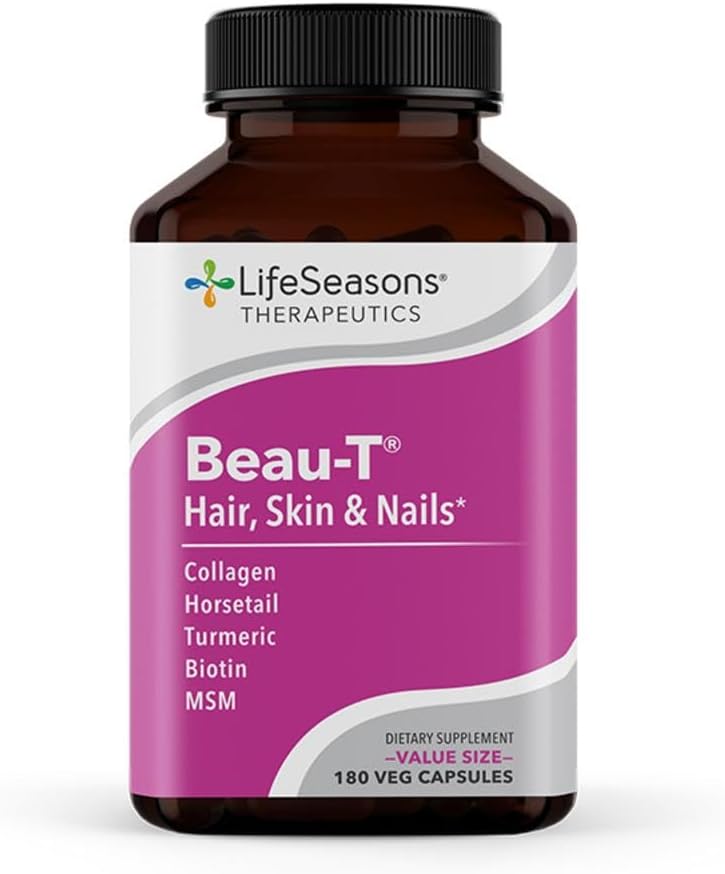 LifeSeasons Beau-T - Hair, Nail, & Skin Supplement - spodbuja zdravo rast las in nohtov - podpira Clear Skin & Fights Acne - Nail Cooster - vsebuje Biotin Collagen Kurmer - 180 kapsul