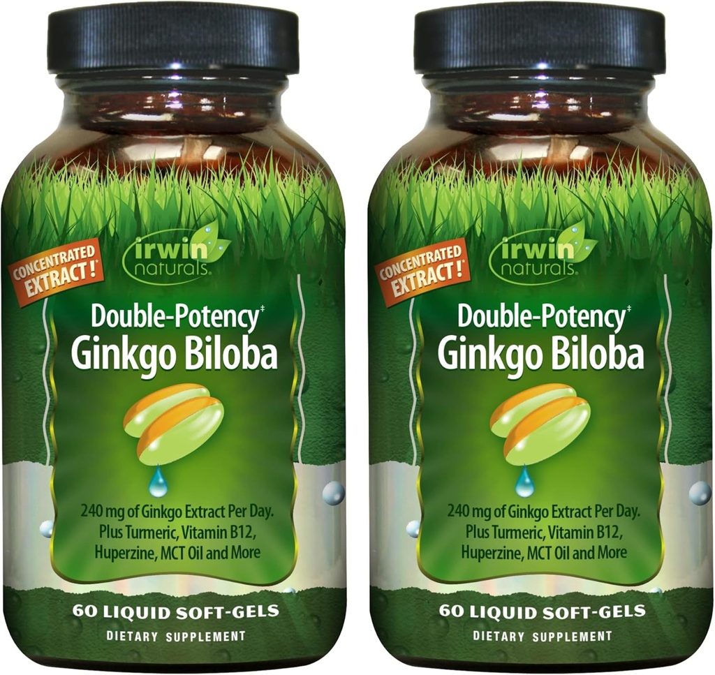 Irwin Naturals Dvojni potenci Ginkgo Biloba – 60 tekočih mehkih gelov – Brain, Focus & Circulation Podpora - 2 paket