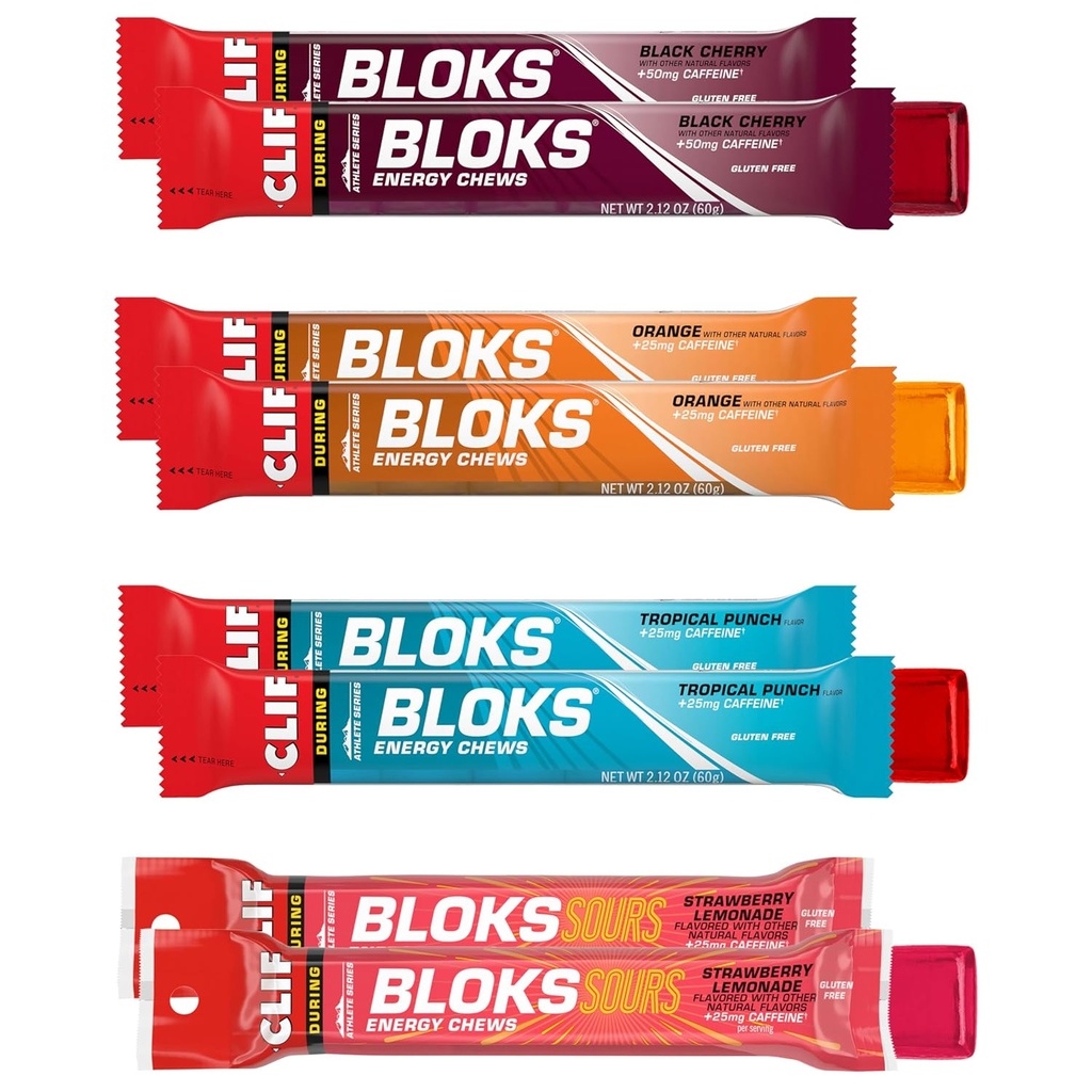 Clif Bloks - Energijski žveči s kofeinom - Variety Pack - Non-GMO - Rastlinska osnova - Hitro gorivo za kolesarjenje in tek - Hitri ogljikovi hidrati in elektroliti - 2.12 oz. paketi (8 Count)
