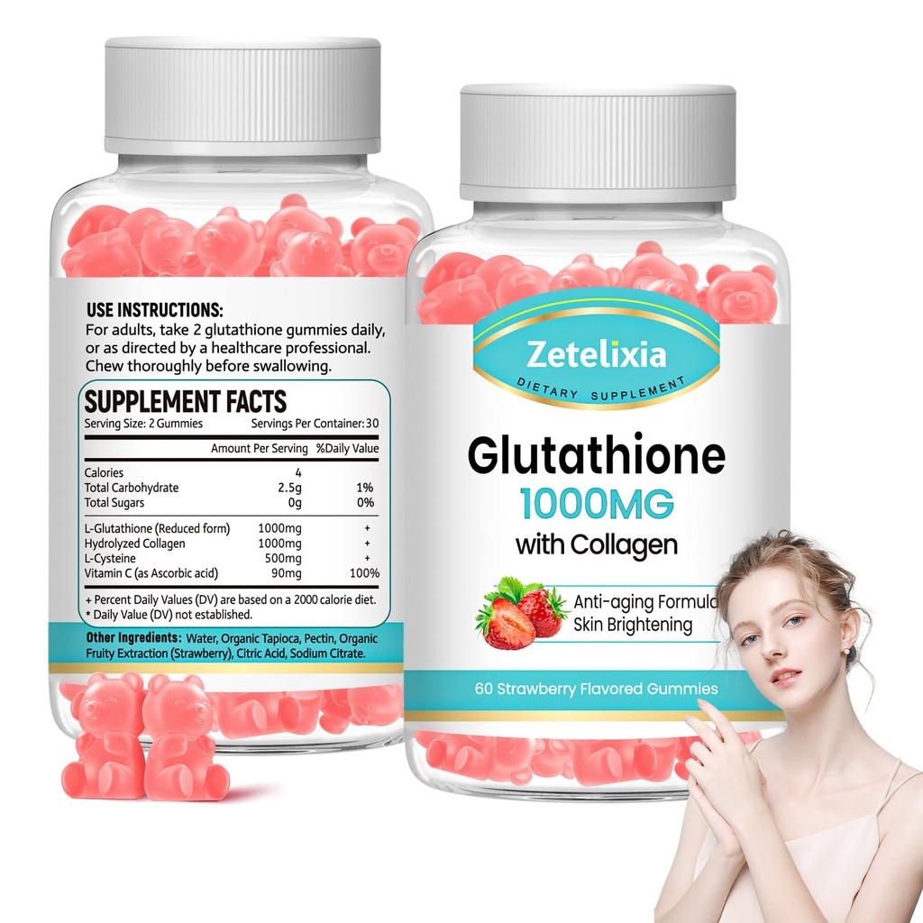 2 Pack Glutatione Collagen Gumies, Collagen Gumies z vitaminom C, Glutatione dopolnilo za ženske, las kože nohti mišice & skupni, anti-Aging, Vegan, sladkor brez, jagodne arome, 120 Count