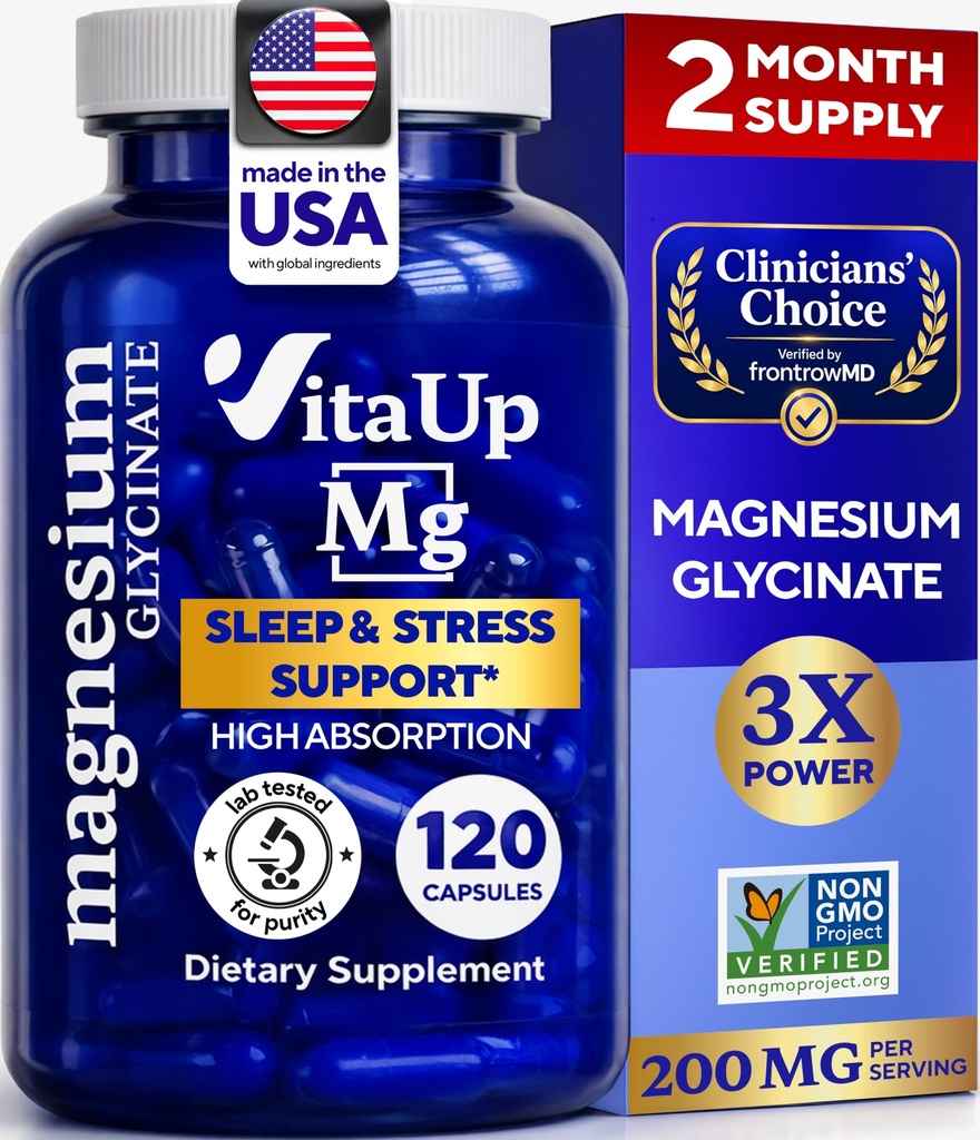 Magnezij Glicinat 200mg - ZDA Made Magnezij dodatek za spanje, srce, kosti, Presnova Podpora - Visoka absorpcija Magnezijev Biglicinat Kapsule - 120 Veganskih keliranih kapsul