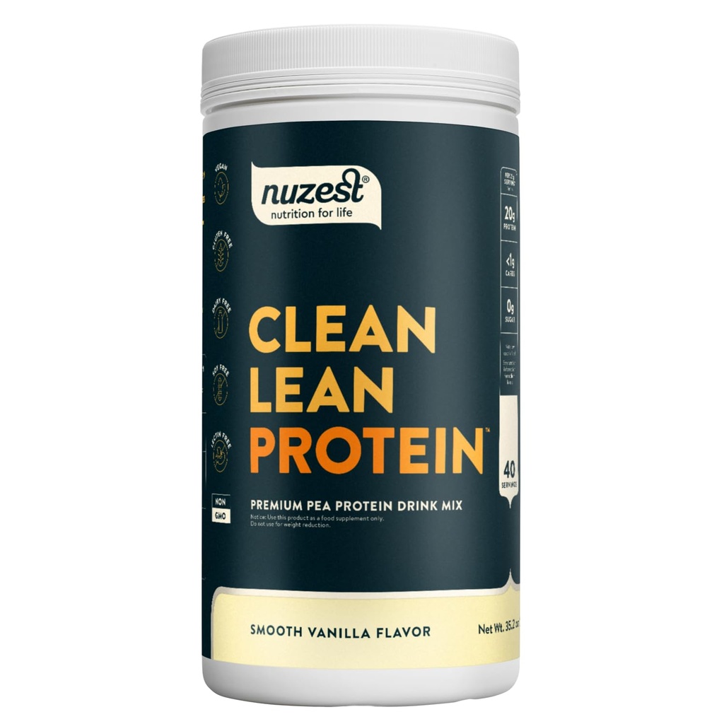 Nuzest - Pea Protein Powder - Čisti lean Protein, Premium Vegan Plant Based Protein Powder, Mlečni brez glutena, Brez GSO, Protein Shake, Smooth Vanilla, 40 Servisi, 2,2 lb