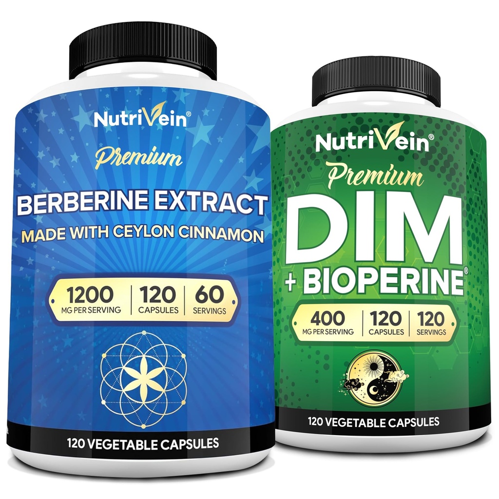 Nutrivein Premium DIM & Berberine Supplement Bundel: Visoka absorpcija Berberine & DIM dodatek z bioperinom - za hormonsko ravnovesje, prebavna regularnost, Presnova, & splošno dobro počutje