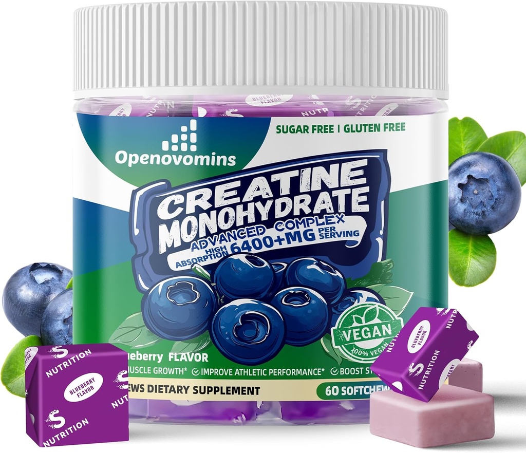 Kreatin Monohidrat Soft Chews Complex 6400mg za moške in ženske -Napredna Formula W/L-Taurin + Vitamin B12, Sladkor brez žvečljivi dodatek,60 Borovnice Softchews