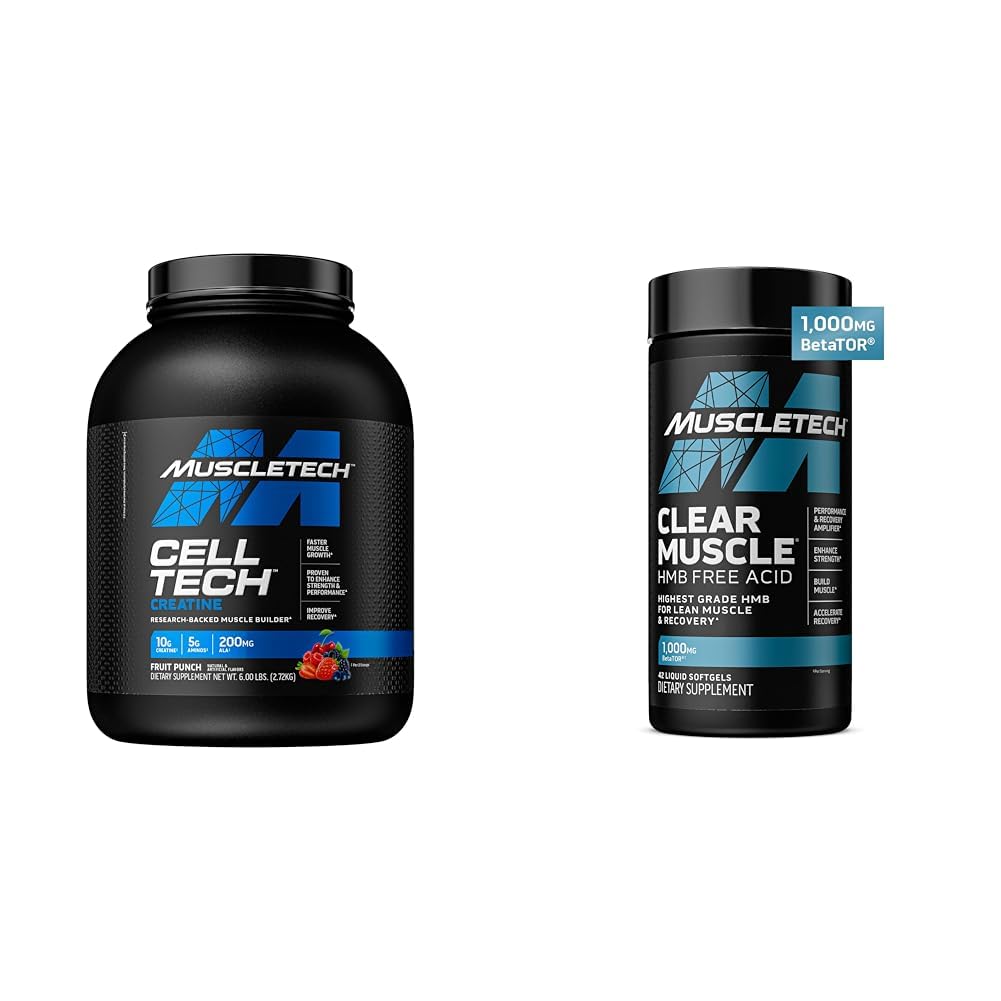 MuscleTech Cell-Tech Creatine Powder & Clear Muscle HMB dopolnila, Muscle Builder & recovery pijača za moške in ženske, 6 funtov Powder & 42 Softgels