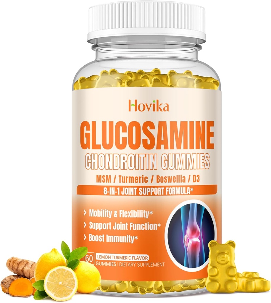Glukozamin Chondroitin MSM Gumies 1500mg - dodatek za skupno podporo s kurkom, Boswellia, vitamin D3, hialuronska kislina, antioksidant, Imunska podpora za odrasle, moške in ženske Vegan, 60 Gumies