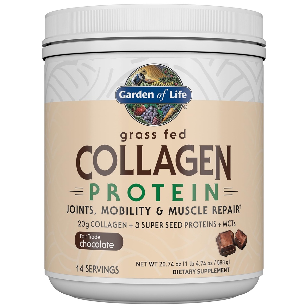 Vrt življenja Trava Fed Kolagen Protein Powder - Čokolada, 14 Serving, Prašek za sklepe Mobilnost Mišična popravila, Kolagen Peptide + Super semena + Coconut MCTs, Keto dodatek