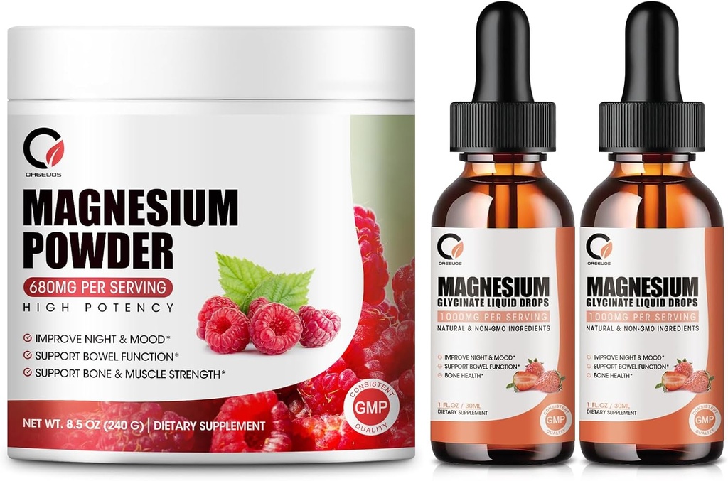 Magnezij Glycinate Kapljice & 680mg Magnezij Glycinate kompleks prahu za moške in ženske, Podpora energije, noč, mišice in skupne funkcije, ne-GMO, Vegan