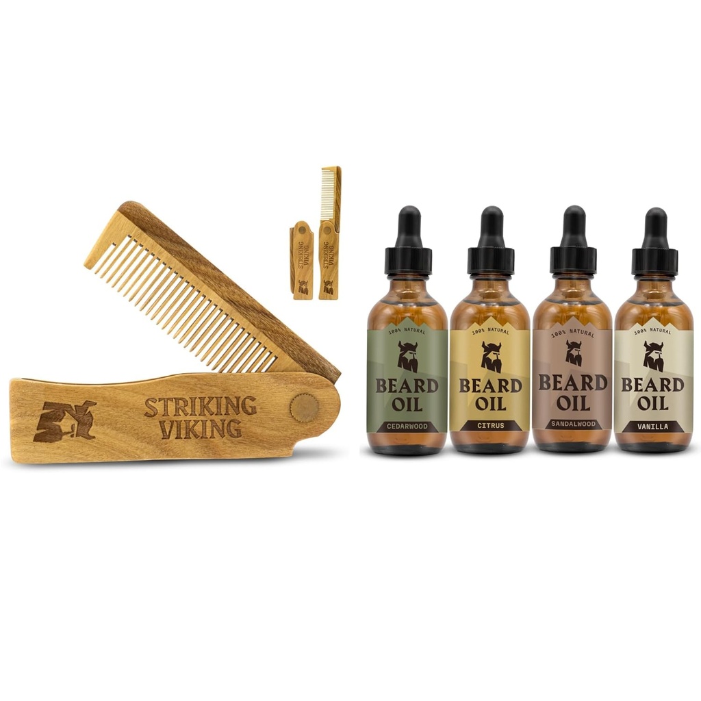 Beard Folding Wooden Comb in 4 Pack Brada olje za moške - Z pretresljive Vikingi