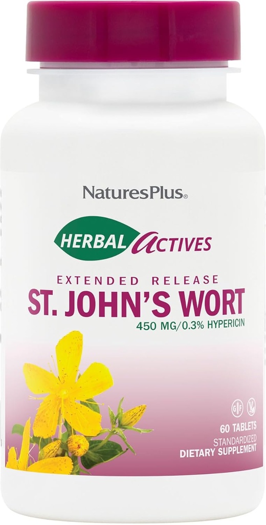 NaturesPlus Herbal Actives St. John’s Wort Extended Release - 60 tablete, paket 2 - Podpira zdravo razpoloženje in pozitiven Outlook - vegetarijanski, Gluten prost - 120 Total Servings