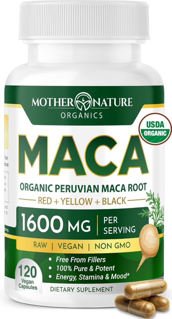 Mati Nature Organic Maca Root kapsule – 1600mg, 120 Veganske kapsule – ne gensko spremenjeni Perujski rumeni, rdeči in črni Maca za moške in ženske - energija, hormon, možgani in teža dobro počutje