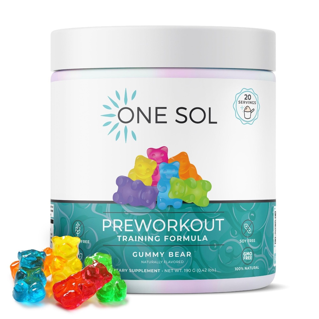 One Sol Pre-World za ženske, Izboljšana črpalka in fokus, Brez Jitters ali Crash, naravne sestavine, 100% Vegan, Gluten Free & Soy Free, (Gummy Bear)