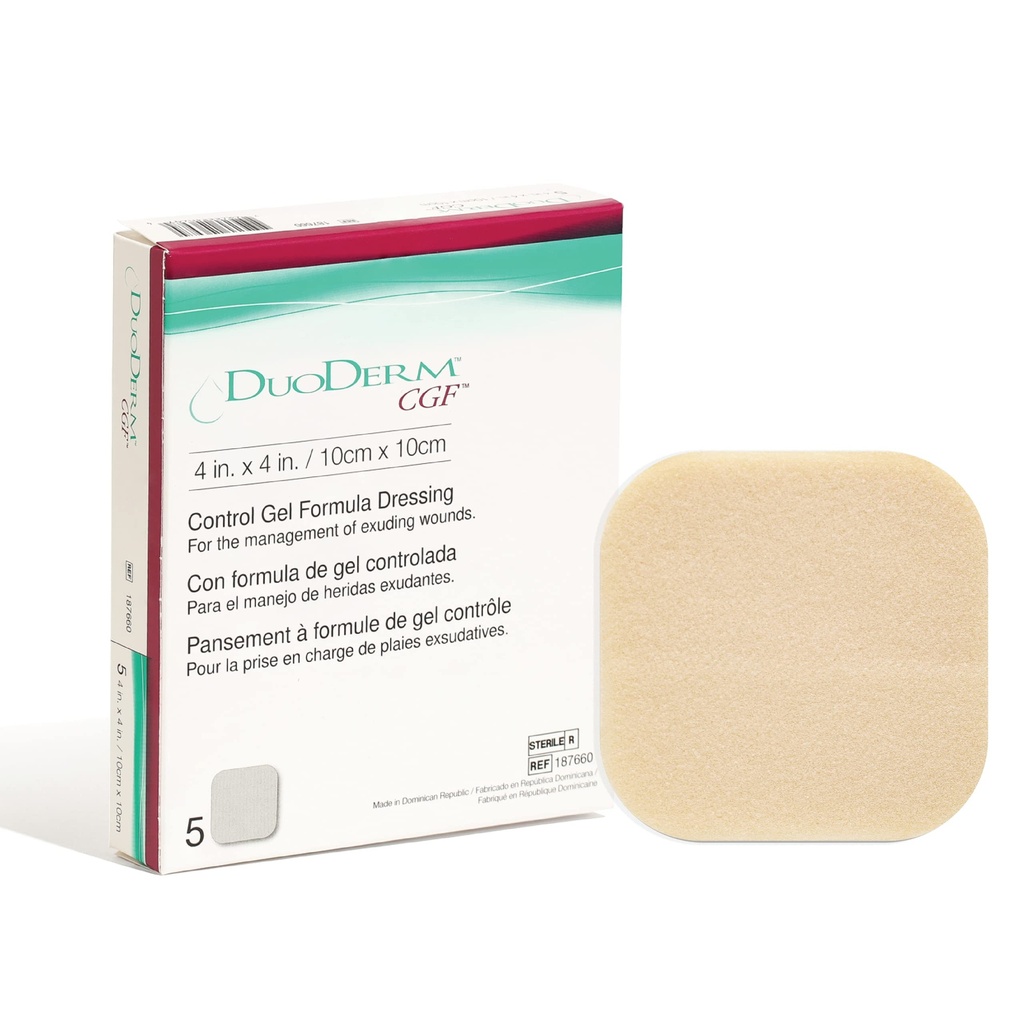 Convatec DuoDERM Control Gel Formula 4"x4" Hidrokoloid Sterilno lepilo oblačenje za delne in polne poškodbe ran, medicinske stopnje, Lateks-free, vodoodporne, Square, Beye, 5ct Box