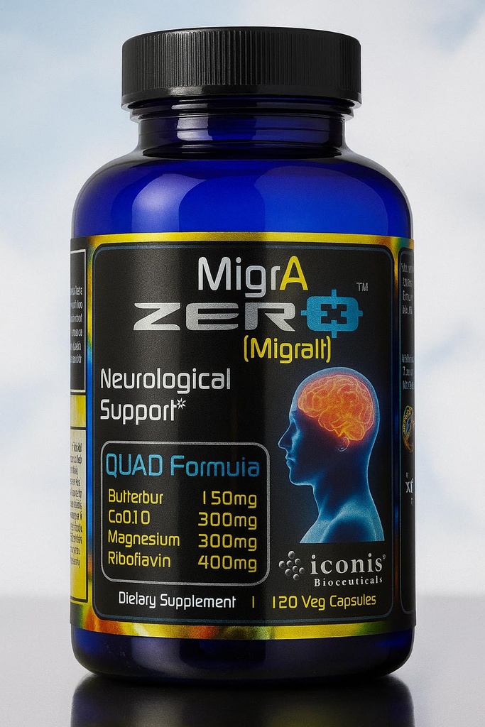 Migrena Relief, Quad-Formula s PA-free Butterbur (150mg), CoQ10 (300mg), Magnezijev glicinat (300mg), visokodozni riboflavin (400mg) - Migra Zero (120 Caps) Optimalno odmerjanje za migrene