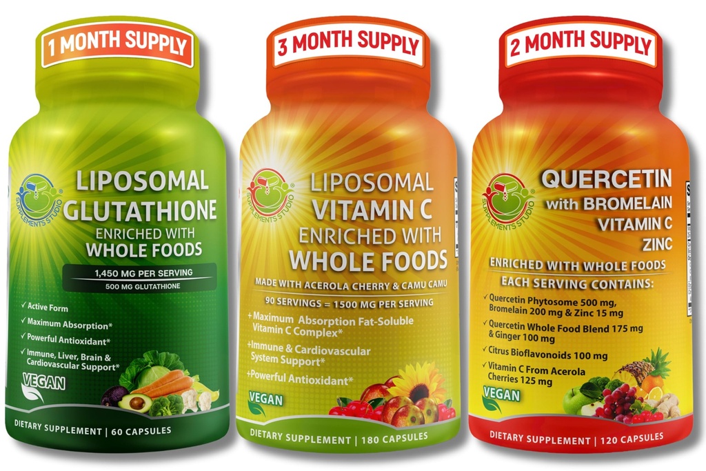 DOPOLNILNI STUDIO Visoka absorpcija Antioksidant & Imunska podpora paket – liposomski vitamin C 1500mg + glutation 500mg + Quercetin z bromelainom, cinkom in celotno živilsko mešanico – veganske, ne-GMO kapsule