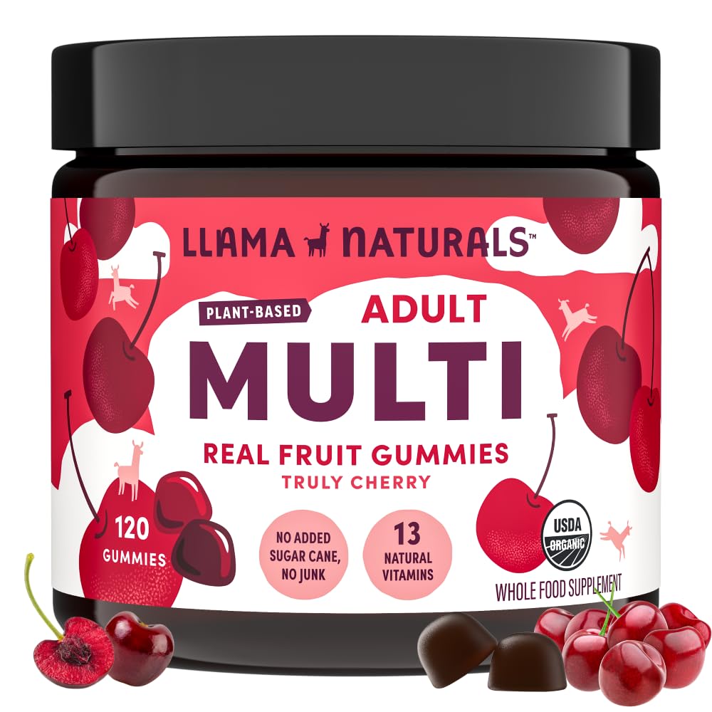 Llama Naturals Multivitamin za ženske in moške, Vegan, organske žvečilke z vitaminom D, C in K, odrasli pravi sadni Gummy vitamini, žvečljivi multivitaminski dodatek, brez dodanega sladkornega trsa, Cherry, 120 Ct