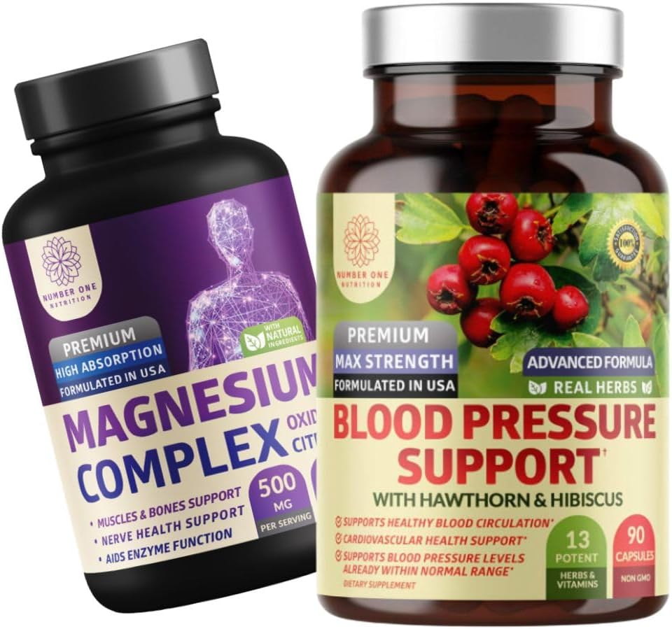 Številka One Nutrition N1N Premium Podpora krvnega tlaka [13 Močne sestavine] z Hawthorn in Hibiscus, in Magnezijev kompleks [500mg visoke absorpcije], 2 paketa