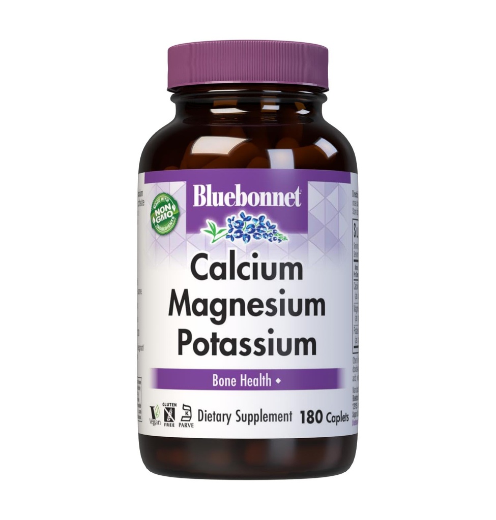Bluebonnet Calcium Magnesium Potassium Supplement for Women & Men - Supports Healthy Bones - Calcium 1000mg Mineral Supplement Chelate Form - Non-GMO, Vegan, Gluten-Free - 180 Caplets