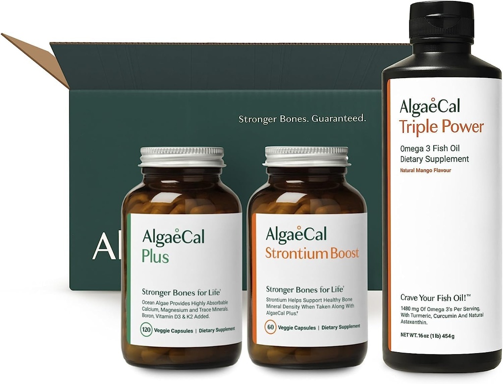 ALGAECAL Welcome Kit - Bone Builder Pack, Rastlinski kalcij dodatek & Stroncij, 16 hranil za zdravje kosti + EPA & DHA Omega 3 ribje olje, podpora možganov, srca, kože in kosti, Made in ZDA