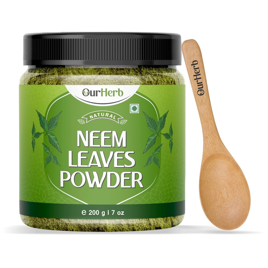 Pure Neem Leaves Powder Natural Solution for Pimple-free Clear Skin & Silky Hair, Idealno za obrazne pakete, nego las in Pigmentation Support with Wooden Spoon – 200g 