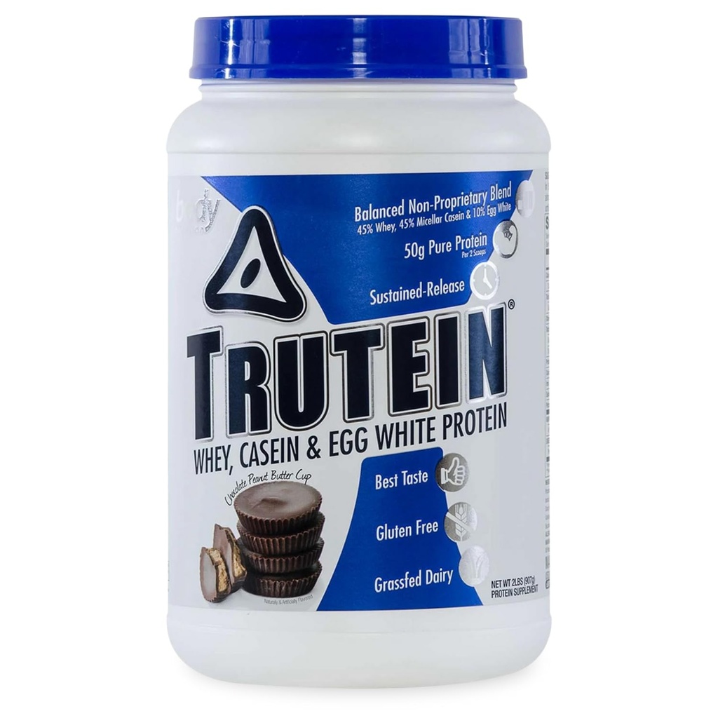 Body Nutrition Trutein Visoke beljakovine v prahu: 45% Whey, 45% Kazein, 10% Jajca bela, Gluten-free, nizko natrij, Grass Fed Whey Protein v prahu, Gym Supplement & Breakfast Shake, Čokoladno arašidovo maslo, 2 kg