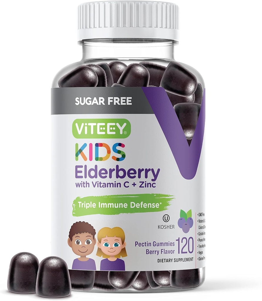 Viteey Sambucus Elderberry Gumies za otroke - Sugar Free - Imunska podpora dopolnila z vitaminom C & cink, [3-1 Imune Booster] Vegan, želatina brezplačno, Gluten brezplačno - Okusno žvečljiva jagoda