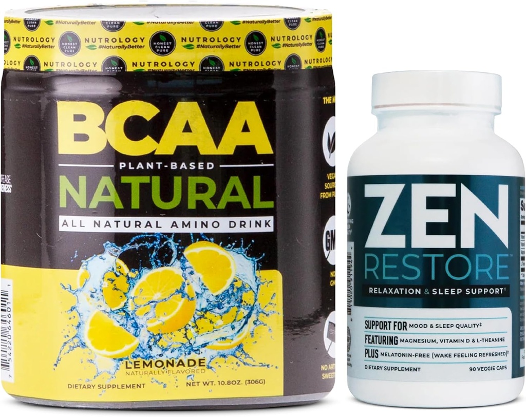 Nutrologija Zen Natural Magnezium Supplement (30 strežb) & Nutrologija BCAA Natural, na rastlinski osnovi BCAA Powder, limonada Flavor (30 serviranja)